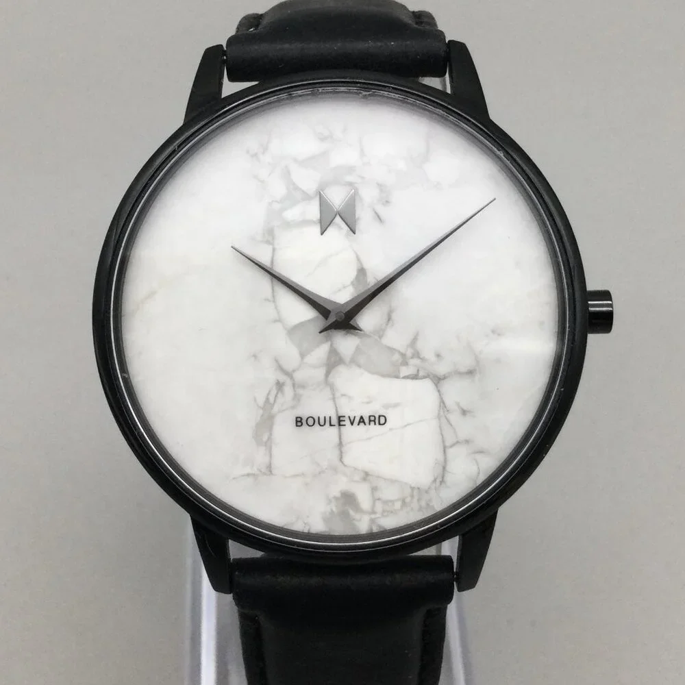 MVMT Boulevard Marble Watch Men 38mm Black Leather Band New Battery